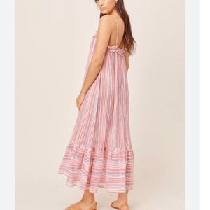 The Impeccable Pig Pink Stripe Gauze Maxi Dress Smocked Ruffle Boho Size M